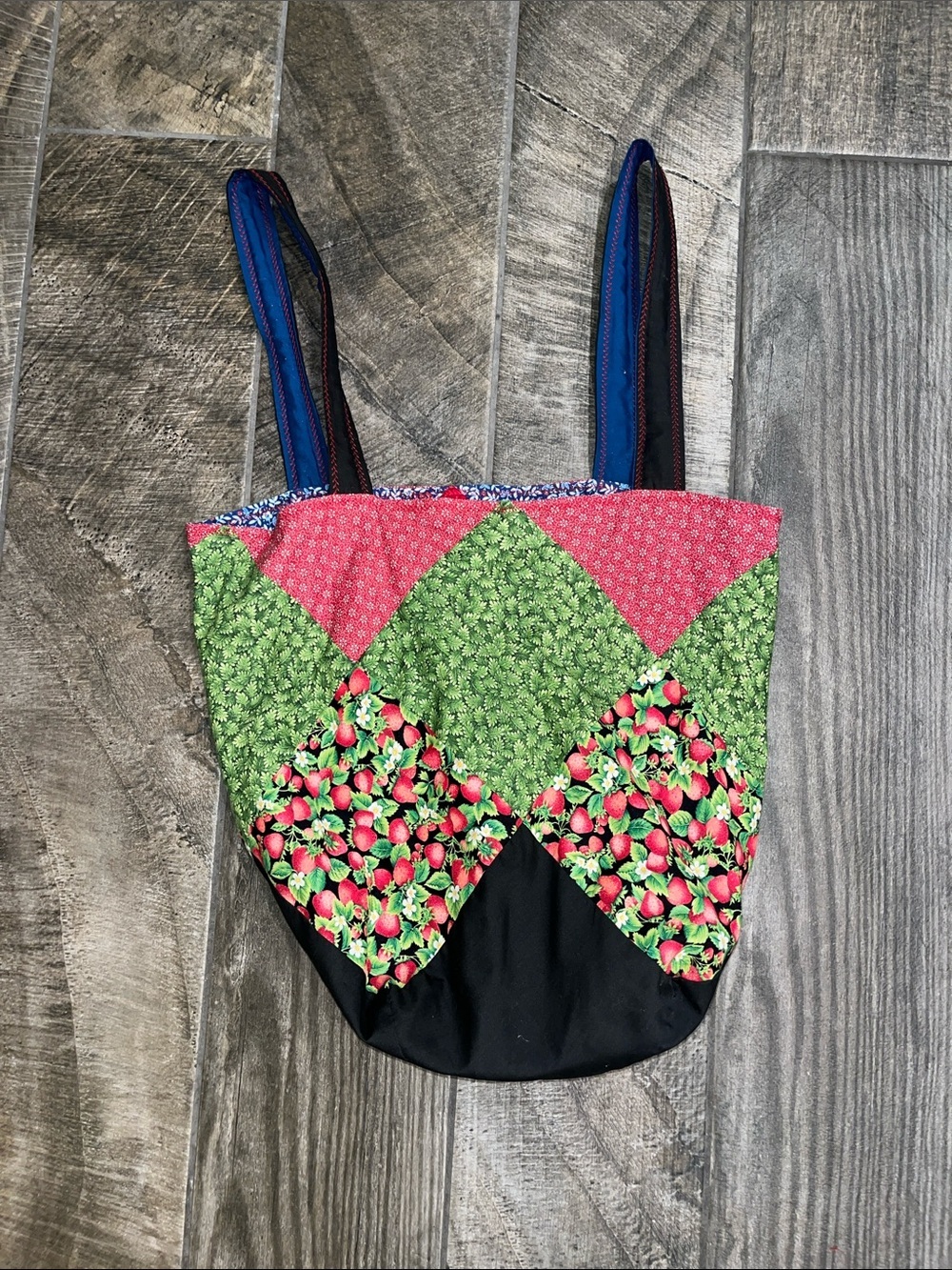 Patchwork Strawberry Print reversible Tote Bag in Green, Pink,Black, red & blue.